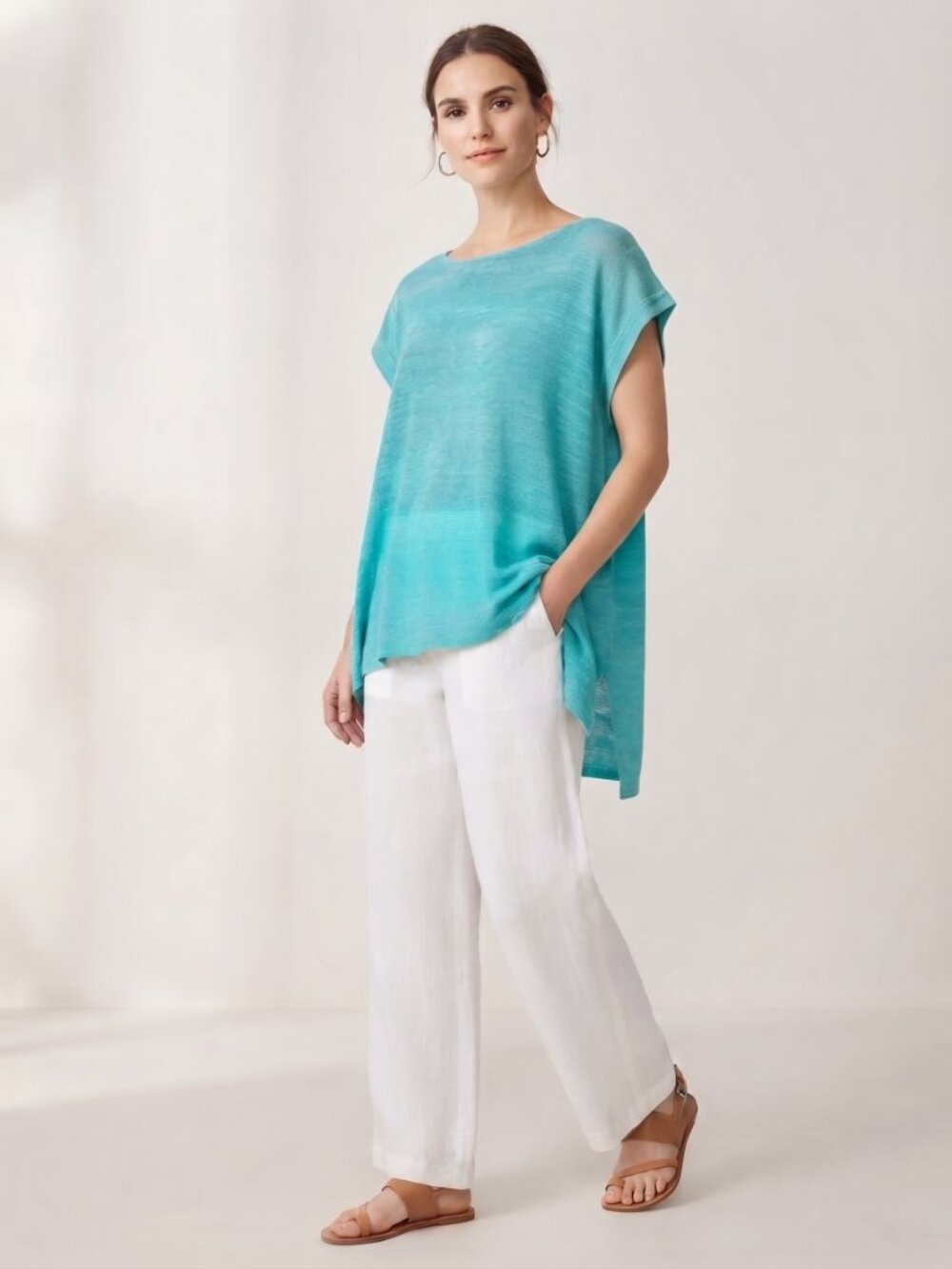 Eileen Fisher Turquoise Organic Linen Knit  Tunic-S (fits L)- MSRP $198